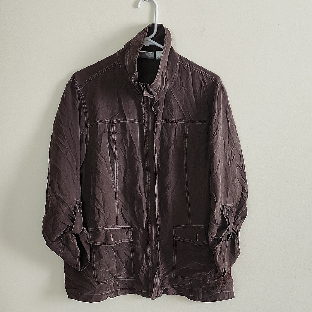 Zenergy By Chicos Brown Silk Lightweight Jacket Full Zip Pockets Chicos 3 Large